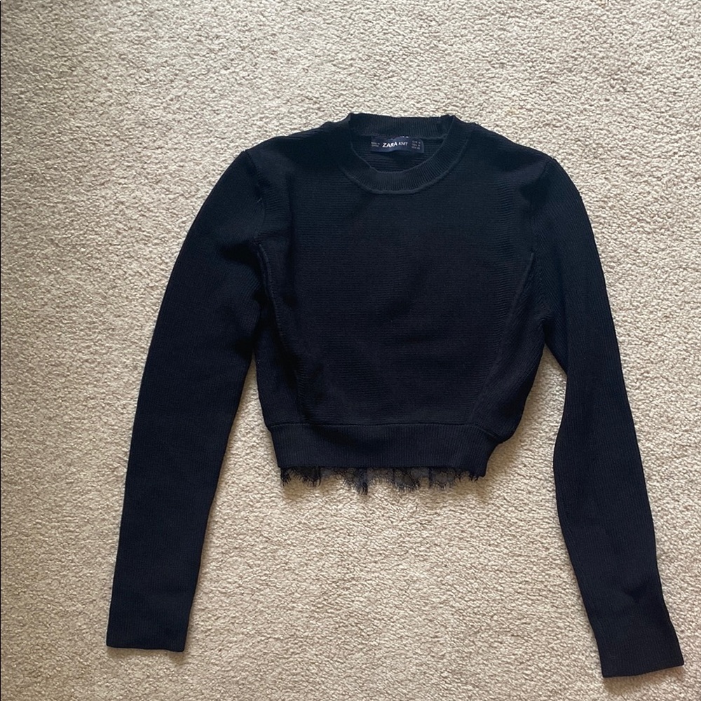 Zara Black Long Sleeve Cropped Sweater with Lace inlay